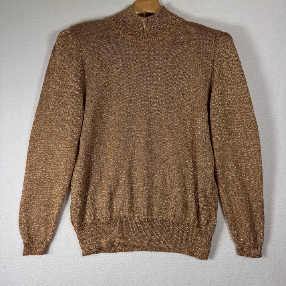 Vintage Ann Wi Gold Shimmer Metallic Knit Turtleneck Long Sleeve Sweater Medium